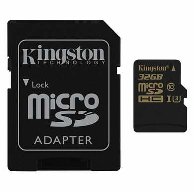 Карта памяти micro SDHC, 32 GB, KINGSTON Gold, UHS-I U3, 90 Мб/сек. (class 10), с адаптером, SDCG/32GB (арт. 512309)