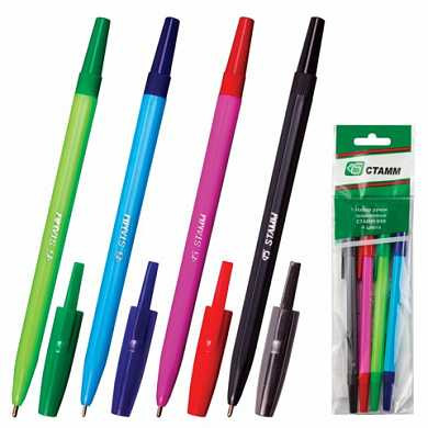Ручки шариковые СТАММ, набор 4 шт., "049", корпус ассорти, 1,2 мм, линия 1 мм, (синяя, черная, красная, зеленая), РШ07 (арт. 140144)
