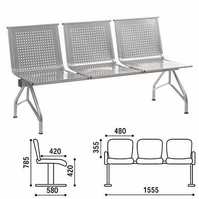 Кресло для посетителей трехсекционное "Стилл", 785х1555х580 мм, серебристое, СМ86/2-03 (арт. 530596)