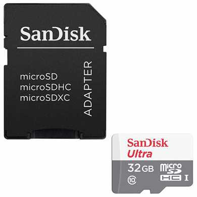 Карта памяти microSDHC, 32 GB, SANDISK Ultra UHS-I U1, 80 Мб/сек (class 10), адаптер, QUNS-032G-GN3MA (арт. 512718)
