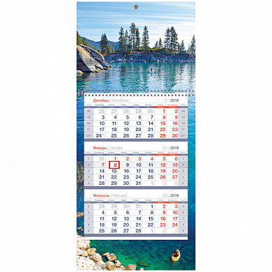 Календарь кварт. 3 бл. на 1 гр. OfficeSpace "Mini premium" - Горное озеро, с бегунком, 2019г. (арт. 261271)