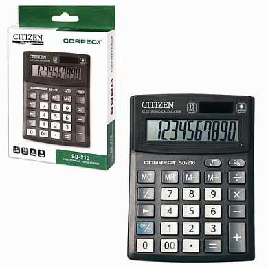 Калькулятор CITIZEN настольный Correct SD-210, 10 разрядов, двойное питание, 103x138 мм, черный, SD-210-RU (арт. 250410)