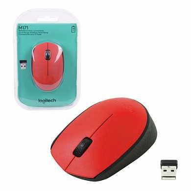 Мышь беспроводная LOGITECH M171, 2 кнопки + 1 колесо-кнопка, оптическая, красная, 910-004641 (арт. 511999)