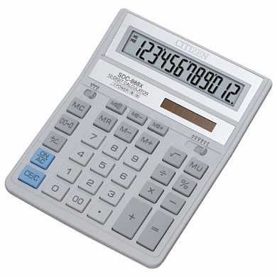 Калькулятор CITIZEN настольный SDC-888 XWH, 12 разрядов, двойное питание, 203х158 мм, белый (арт. 250301)