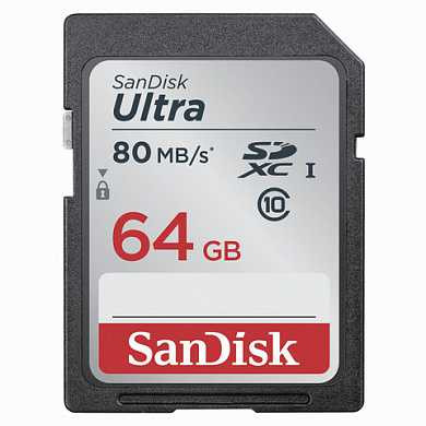 Карта памяти SDXC, 64 GB, SANDISK Ultra UHS-I U1, 80 Мб/сек. (class 10), DUNC-064G-GN6IN (арт. 512283)