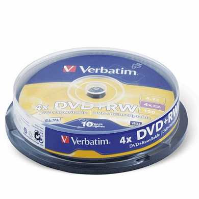 Диск DVD+RW (плюс) VERBATIM, 4,7 Gb, 4x, 10 шт., Cake Box, 43488 (арт. 510269)