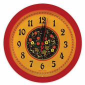 Часы настенные САЛЮТ П-Б1-168, круг, желтые с рисунком "Хохлома", красная рамка, 28х28х4 см (арт. 452388)