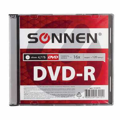 Диск DVD-R SONNEN, 4,7 Gb, 16x, Slim Case (1 штука), 512575 (арт. 512575)