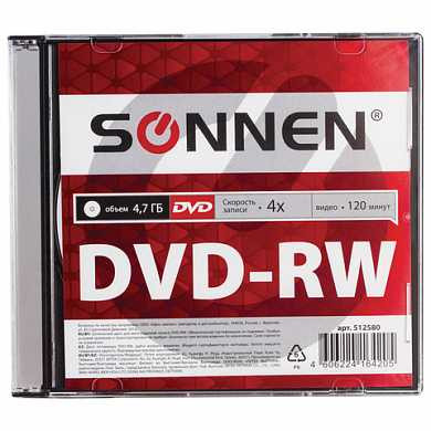 Диск DVD-RW (минус) SONNEN, 4,7 Gb, 4x, Slim Case (1 штука), 512580 (арт. 512580)