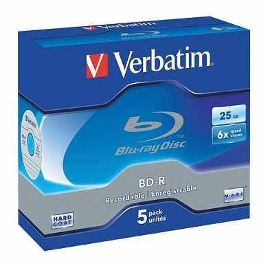Диски BD-R (Blu-ray) VERBATIM, 25 Gb, 6x, комплект 5 шт., Jewel Case, 43715 (арт. 511569)