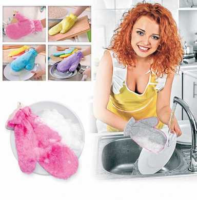 Варежкa двусторонняя для мытья посуды и уборки, фиолетовая (арт. TK 0203)