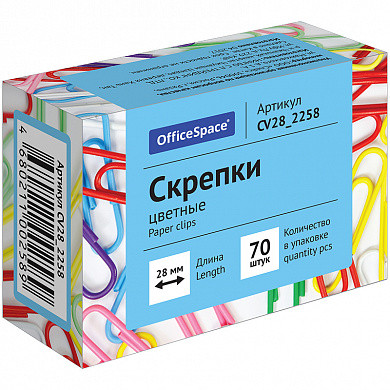 Скрепки 28мм, OfficeSpace, 70шт., цветные, карт. упак. (арт. CV28_2258) купить в интернет-магазине ТОО Снабжающая компания от 245 T, а также и другие Скрепки канцелярские на сайте dulat.kz оптом и в розницу