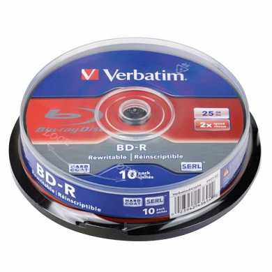 Диски BD-R (Blu-ray) VERBATIM, 25Gb, 2x, 10шт., Cake Box, 43694 (арт. 511568)