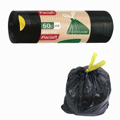 Мешки для мусора 60 л, завязки, черные, в рулоне 15 шт., ПВД, 25 мкм, 60х72 см, PACLAN "Eco Line", 513740 (арт. 604073)