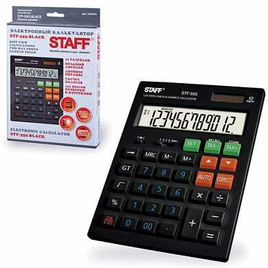 Калькулятор STAFF настольный STF-555-BLACK, 12 разрядов, CORRECT, TAX, ЧЕРНЫЙ, двойное питание, 205х154 мм (арт. 250304)