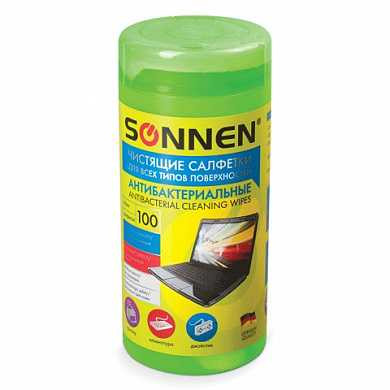 Чистящие салфетки SONNEN, антибактериальные, в тубе 100 шт., влажные, для любых поверхностей, 511487 (арт. 511487)