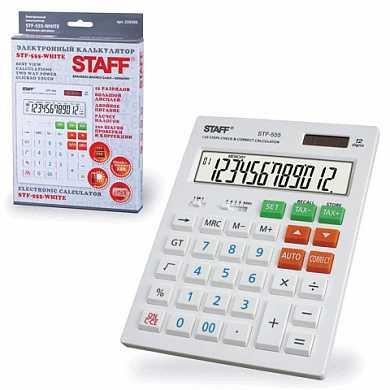 Калькулятор STAFF настольный STF-555-WHITE, 12 разрядов, CORRECT, TAX, БЕЛЫЙ, двойное питание, 205х154 мм (арт. 250305)