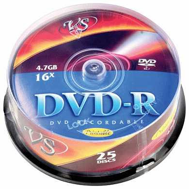 Диски DVD-R VS, 4,7 Gb, 16x, 25 шт., Cake Box, с поверхностью для печати, VSDVDRIPCB2501 (арт. 511551)