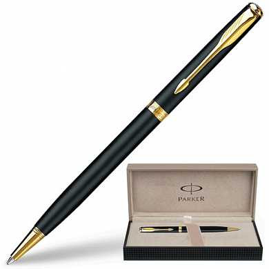 Ручка шариковая PARKER "Sonnet Matte Black Slim GT", корпус черный, латунь, позолоченные детали, черная, S0818030 (арт. 141270)