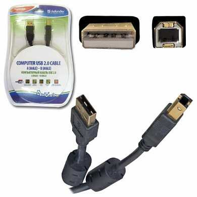 Кабель USB 2.0 AM-BM, 3 м, DEFENDER, 2 фильтра, для подключения принтеров, МФУ и периферии, 87431 (арт. 511115)