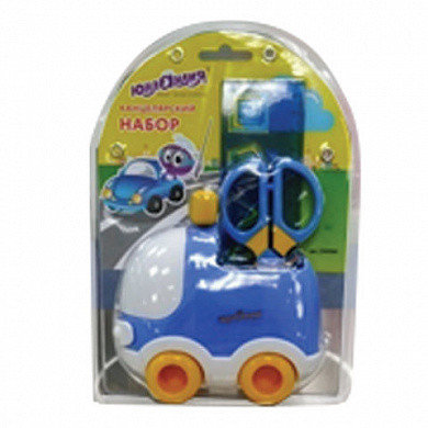Канцелярский детский набор ЮНЛАНДИЯ "Автомобиль", в форме машины, 4 предмета, синий, блистер (арт. 236960)
