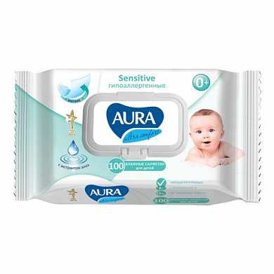 Салфетки влажные, 100 шт., для детей, AURA "Ultra comfort", гипоаллергеннные, без спирта, крышка-клапан, 6486 (арт. 127500)