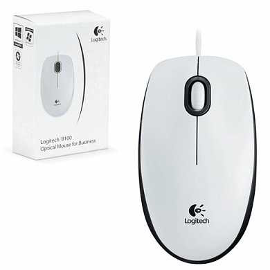 Мышь проводная LOGITECH B100, USB, 2 кнопки + 1 колесо-кнопка, оптическая, белая, 910-003360 (арт. 511462)