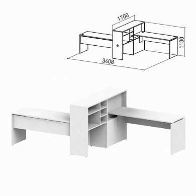 Стол 1600 мм с приставкой-стеллажом "Профит", КОМПЛЕКТ НА 2 РАБОЧИХ МЕСТА, ЛЕВЫЙ, белый (арт. 981172) купить в интернет-магазине ТОО Снабжающая компания от 357 994 T, а также и другие Набор мебели "Профит" на сайте dulat.kz оптом и в розницу