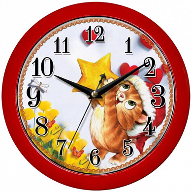 Часы настенные ход плавный, Камелия "Котик", круглые, 29*29*3,5, красная рамка (арт. 46418)