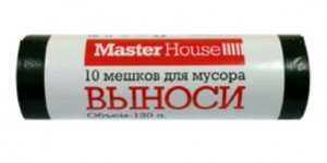 Мешки для мусора MasterHouse "Выноси", 120л/10шт, 25мк, ПВД, рулон, черные, 60356 (арт. 607171)