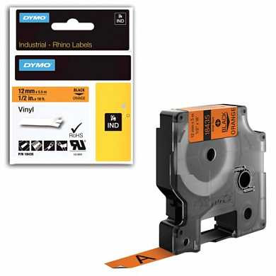 Картридж для принтеров этикеток DYMO Rhino, 12 мм х 5,5 м, лента виниловая, чёрный шрифт, оранжевая, 18435 (арт. 362169)