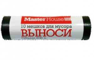 Мешки для мусора MasterHouse "Выноси", 200л/10шт, 25мк, ПВД, рулон, черные, 60358 (арт. 607173)