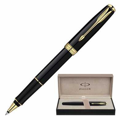 Ручка-роллер PARKER "Sonnet Lacquer GT", корпус черный лак, латунь, позолоченные детали, синяя, S0808720 (арт. 141996)