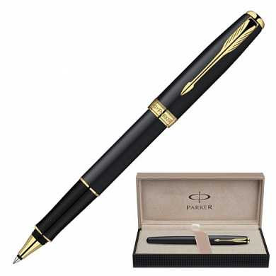 Ручка-роллер PARKER "Sonnet Matte GT", корпус черный, матовый лак, латунь, позолоченные детали, черная, S0817970 (арт. 142004)