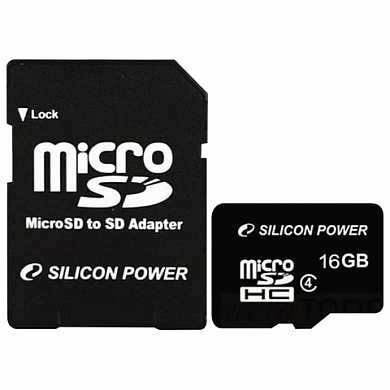 Карта памяти micro SDHC, 16 GB, SILICON POWER, 4 Мб/сек. (class 4), с адаптером, 16GBSTH004V10SP (арт. 512321)
