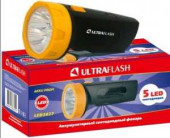 Ultraflash Фонарь Led3827 (Акк. 4V 0,7Ah) 5Светодиод., Черный+Желт./Пластик, Вилка 220V (арт. 410511)