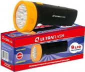 Ultraflash Фонарь Led3829 (Акк. 4V 0,7Ah) 9Светодиод., Черный+Желт./Пластик, Вилка 220V, Коробка (арт. 410512)