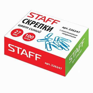 Скрепки STAFF, 27 мм, синие, 100 шт., в картонной коробке, 226247 (арт. 226247) купить в интернет-магазине ТОО Снабжающая компания от 196 T, а также и другие Скрепки канцелярские на сайте dulat.kz оптом и в розницу