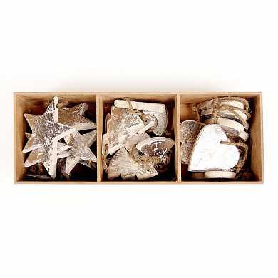 Украшения подвесные Silver stars/trees/hearts, деревянные, в подарочной коробке, 24 шт. (арт. en_ny0012)