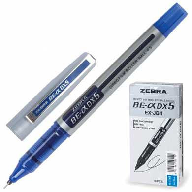 Ручка-роллер ZEBRA "Zeb-Roller DX5", корпус серебристый, узел 0,5 мм, линия 0,3 мм, синяя, EX-JB2-BL (арт. 141484)