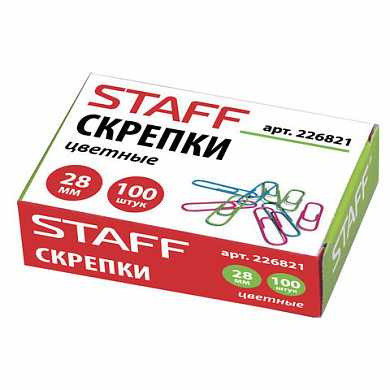 Скрепки STAFF, 28 мм, цветные, 100 шт., в картонной коробке, 226821 (арт. 226821) купить в интернет-магазине ТОО Снабжающая компания от 245 T, а также и другие Скрепки канцелярские на сайте dulat.kz оптом и в розницу