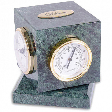 Куб вращающийся Delucci с часами, термометром, гигрометром, зеленый мрамор (арт. MBm_00006)