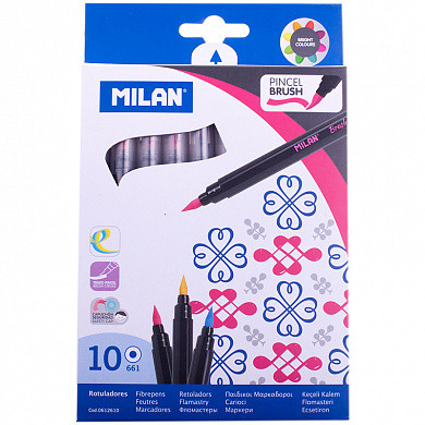 Фломастеры с кистевым пишущим узлом Milan "661 Brush", 10цв., смываемые, картон, европодвес (арт. 0612610)