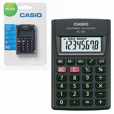 Калькулятор CASIO карманный HL-4A-S, 8 разрядов, питание от батарейки, 87х56х8,8 мм, блистер, черный, HL-4A-S-EP (арт. 250398)