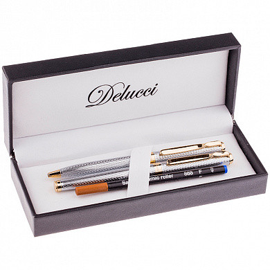 Набор Delucci "Celeste": ручка шарик. 1мм и ручка-роллер, 0,6мм, синие, корпус сер./зол.,подар.уп. (арт. CPn_11913)