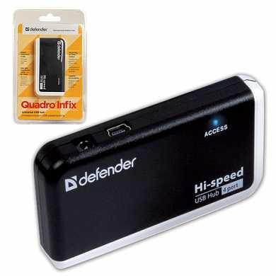 Хаб DEFENDER QUADRO INFIX, USB 2.0, 4 порта, порт для питания, 83504 (арт. 511117)