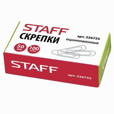 Скрепки STAFF, 50 мм, оцинкованные, 100 шт., в картонной коробке, 226755 (арт. 226755) купить в интернет-магазине ТОО Снабжающая компания от 588 T, а также и другие Скрепки канцелярские на сайте dulat.kz оптом и в розницу