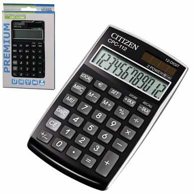 Калькулятор CITIZEN карманный CPC-112BKWB, 12 разрядов, двойное питание, 120х72 мм, черный (арт. 250356)