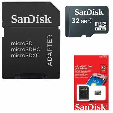 Карта памяти micro SDHC, 32 GB, SANDISK, 4 Мб/сек. (class 4), с адаптером, SDSDQM-032G-B35 (арт. 511615)