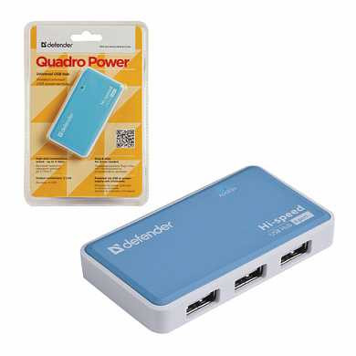 Хаб DEFENDER QUADRO POWER, USB 2.0, 4 порта, порт для питания, 83503 (арт. 511766)